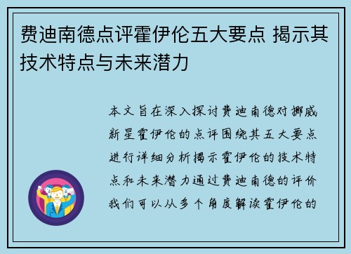 费迪南德点评霍伊伦五大要点 揭示其技术特点与未来潜力