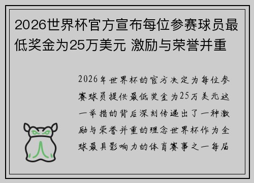 2026世界杯官方宣布每位参赛球员最低奖金为25万美元 激励与荣誉并重