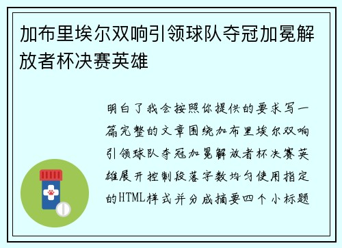 加布里埃尔双响引领球队夺冠加冕解放者杯决赛英雄